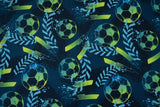 Baumwollwebware Fußball, kiwigrün, dunkelblau, 0,5 m