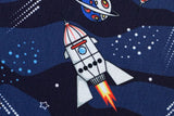 Baumwollwebware "Tim" mit Raketen und Planeten, Weltall, dunkelblau, 0,5 m
