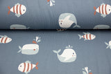 Terry Crepe, Krepp, Fische, indigoblau, 0,5 m