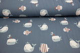 Terry Crepe, Krepp, Fische, indigoblau, 0,5 m