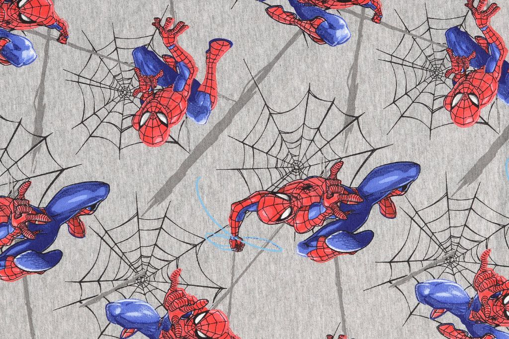 Stoffpaket French Terry + Bündchen "Spider-Man" mit Spinnennetz, grau meliert, schwarz