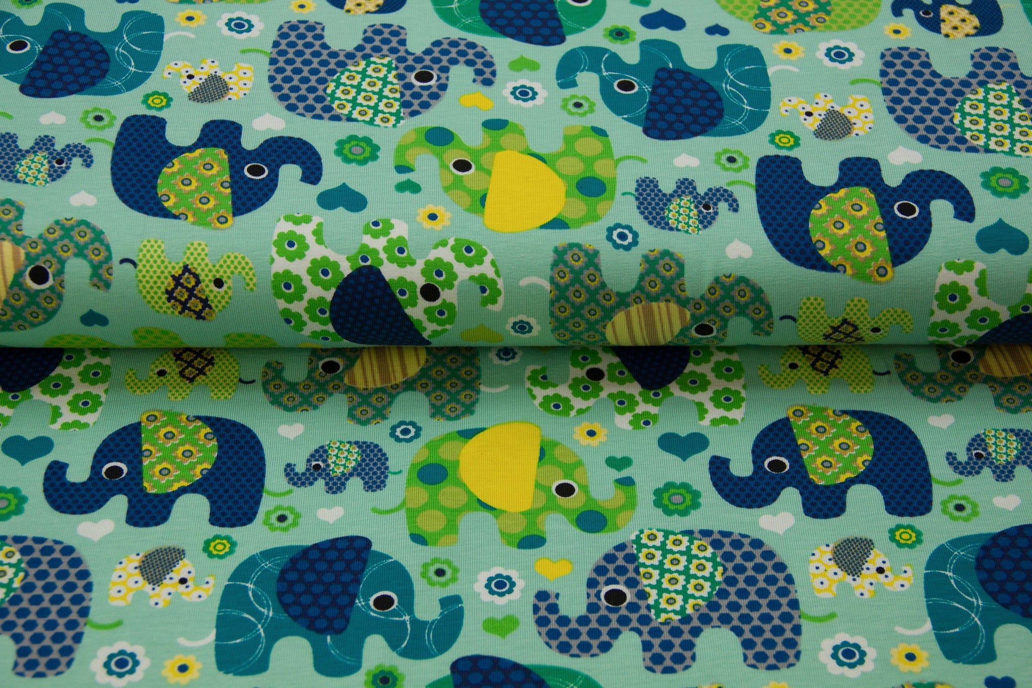 Restmenge 39 cm Jersey Elefanten, grün, blau