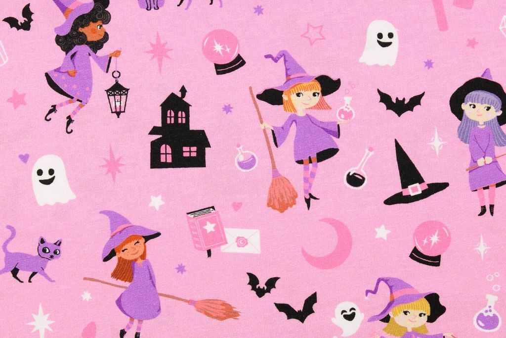 Stoffpaket Jersey + Bündchen mit Hexen, Halloween, rosa, schwarz