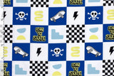 Stoffpaket Jersey + Bündchen Jersey mit Skateboards, blau, pastellgelb