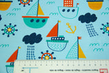 Stoffpaket Jersey + Bündchen mit Segelbooten, Fräulein von Julie, blau, senfgelb