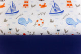 Stoffpaket French Terry + Bündchen mit Walen und Leuchttürmen, weiß, dunkelblau
