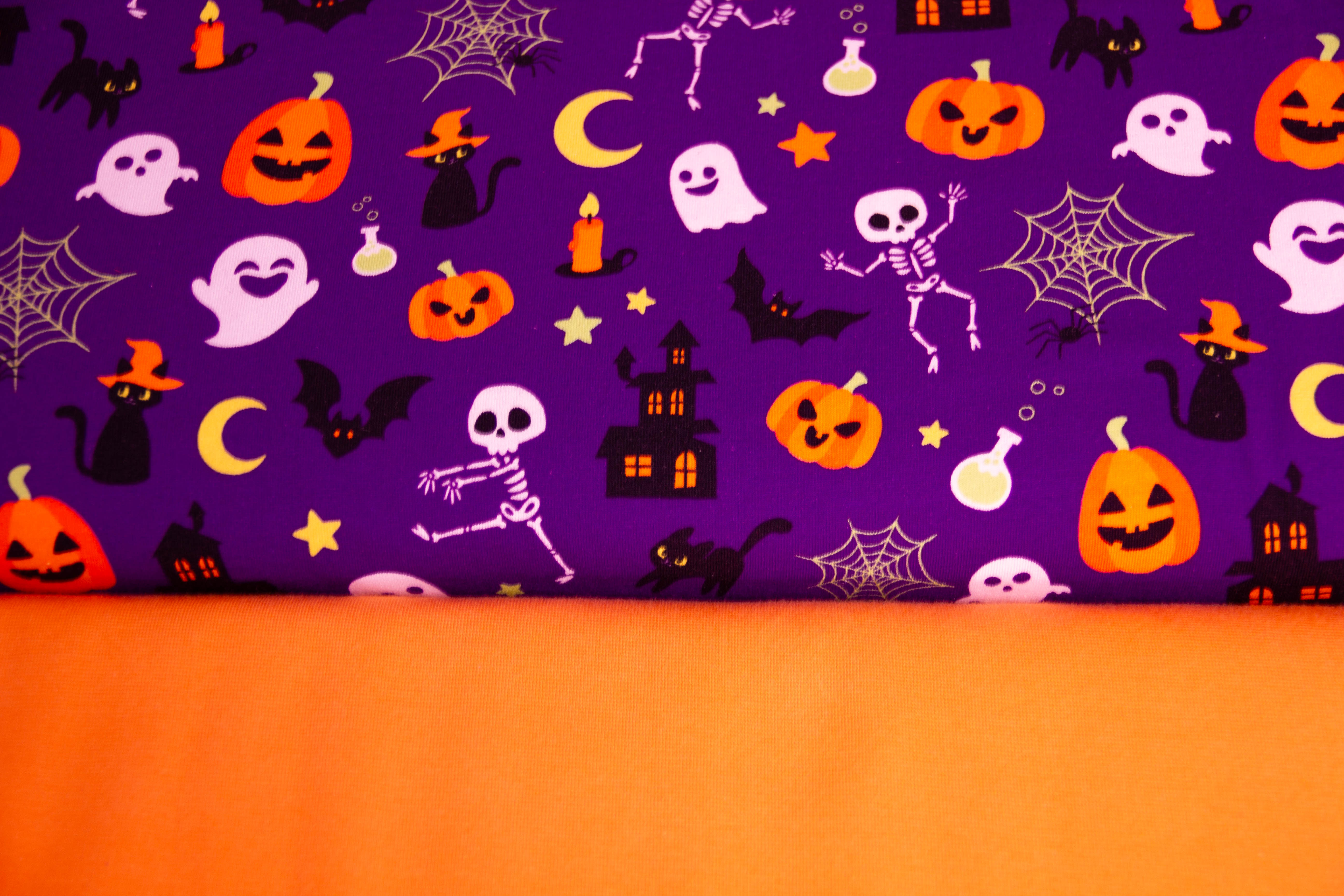 Stoffpaket Jersey + Bündchen mit Geistern, Halloween, lila, orange