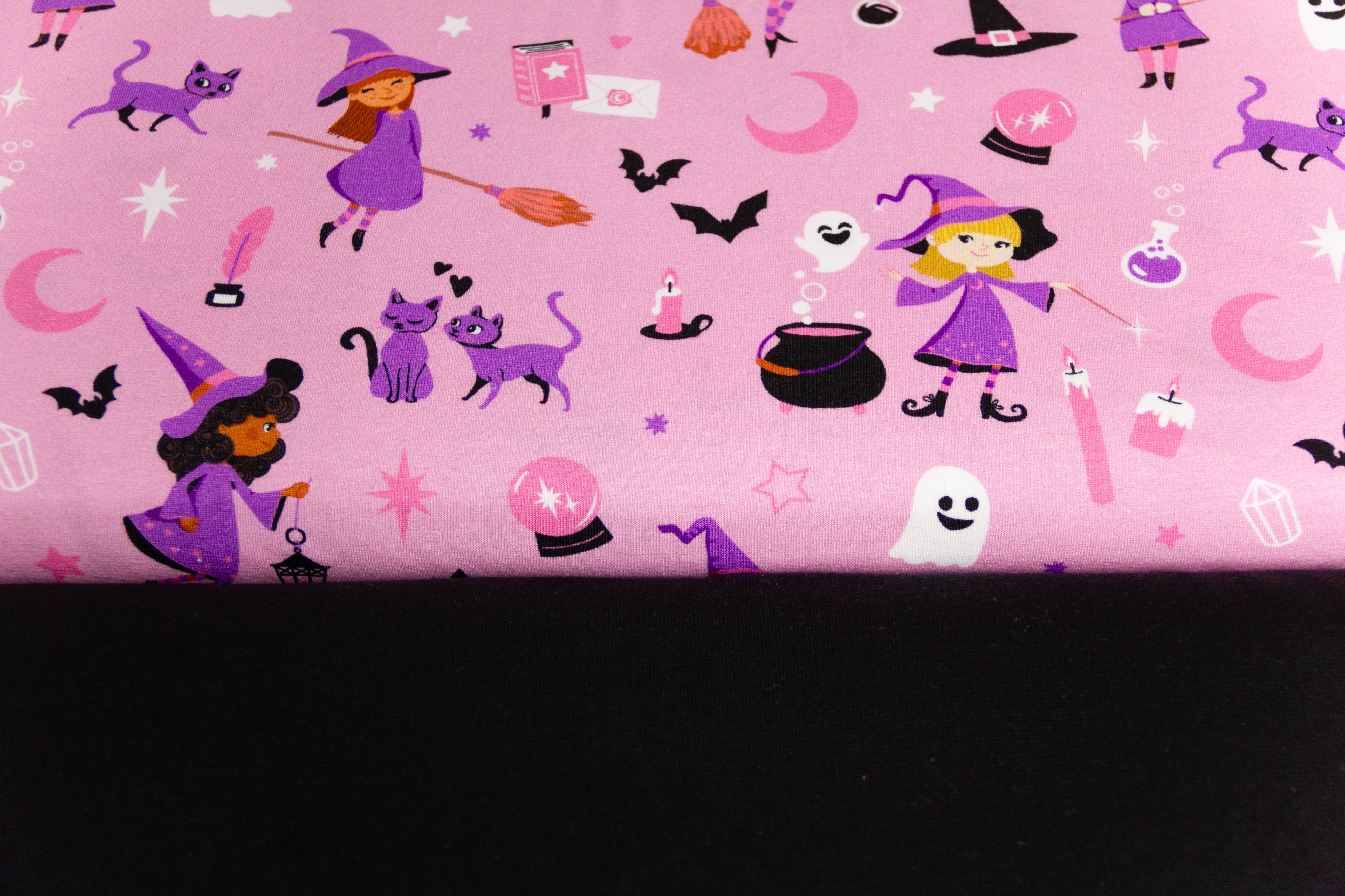 Stoffpaket Jersey + Bündchen mit Hexen, Halloween, rosa, schwarz