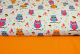 Stoffpaket Jersey + Bündchen Jersey mit Eulen, hellgrün, orange