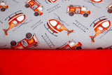 Stoffpaket Jersey + Bündchen Jersey mit Feuerwehr und Helikopter, grau, rot