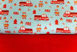 Stoffpaket Jersey + Bündchen Feuerwehr mit Krokodilen, hellmint, rot