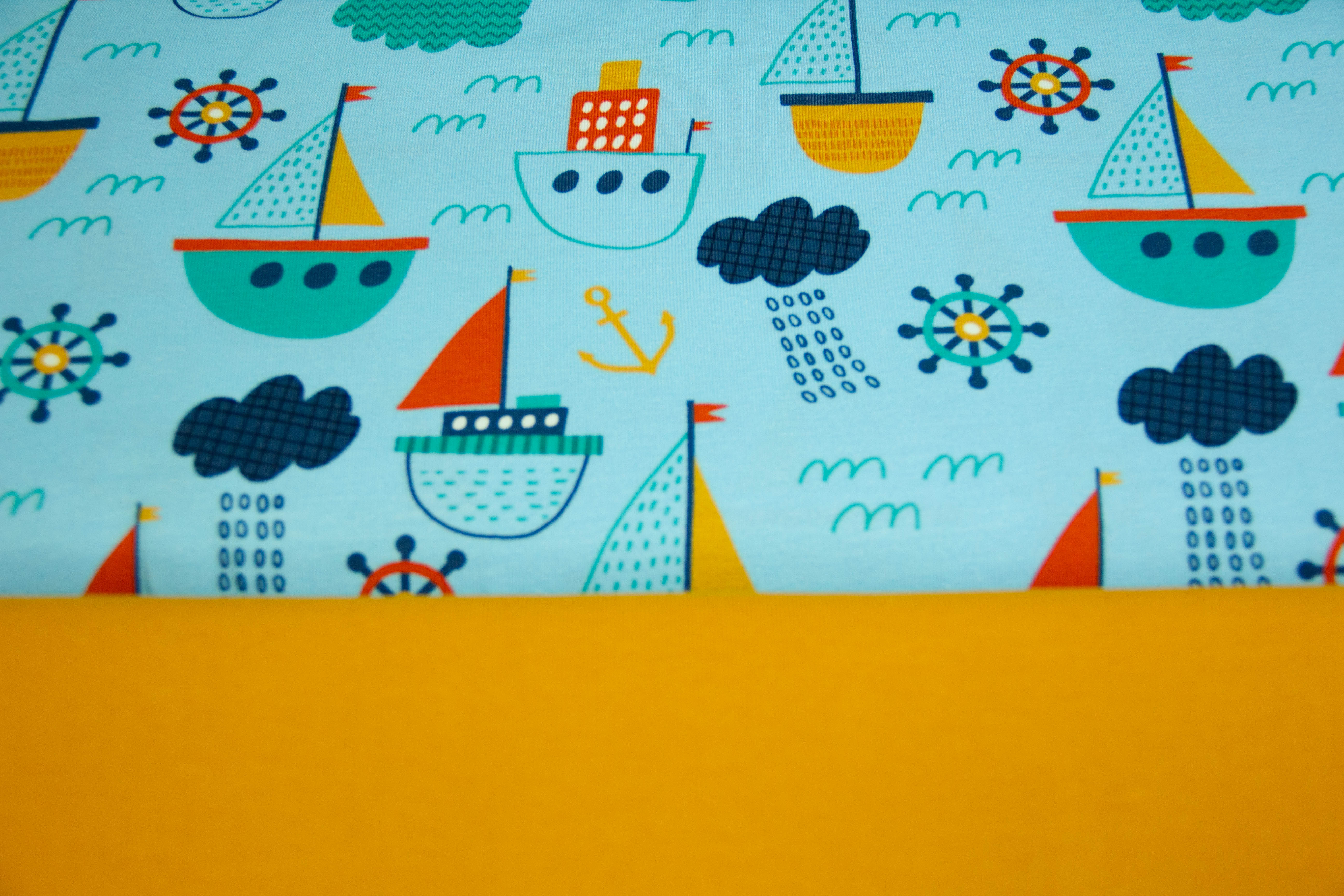 Stoffpaket Jersey + Bündchen mit Segelbooten, Fräulein von Julie, blau, senfgelb