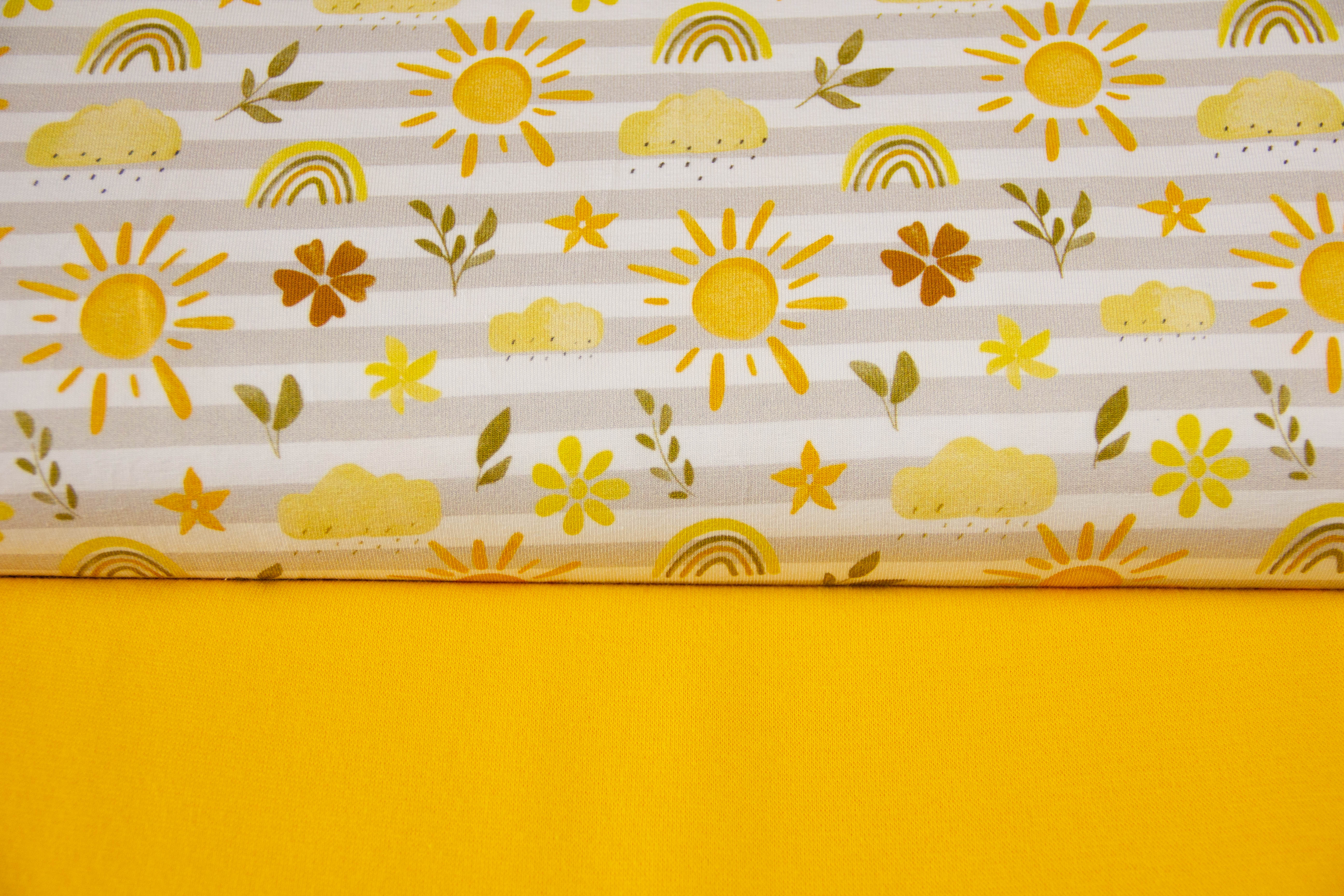 Stoffpaket Jersey + Bündchen "Sonne und Regen", Fräulein von Julie, weiß, gelb