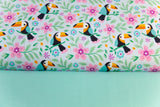 Stoffpaket Jersey + Bündchen Jersey mit Tukan und Blumen, hellblau, mint