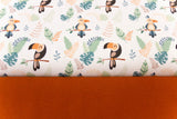 Stoffpaket Jersey + Bündchen Jersey mit Vögeln, Tukan, weiß, terracotta