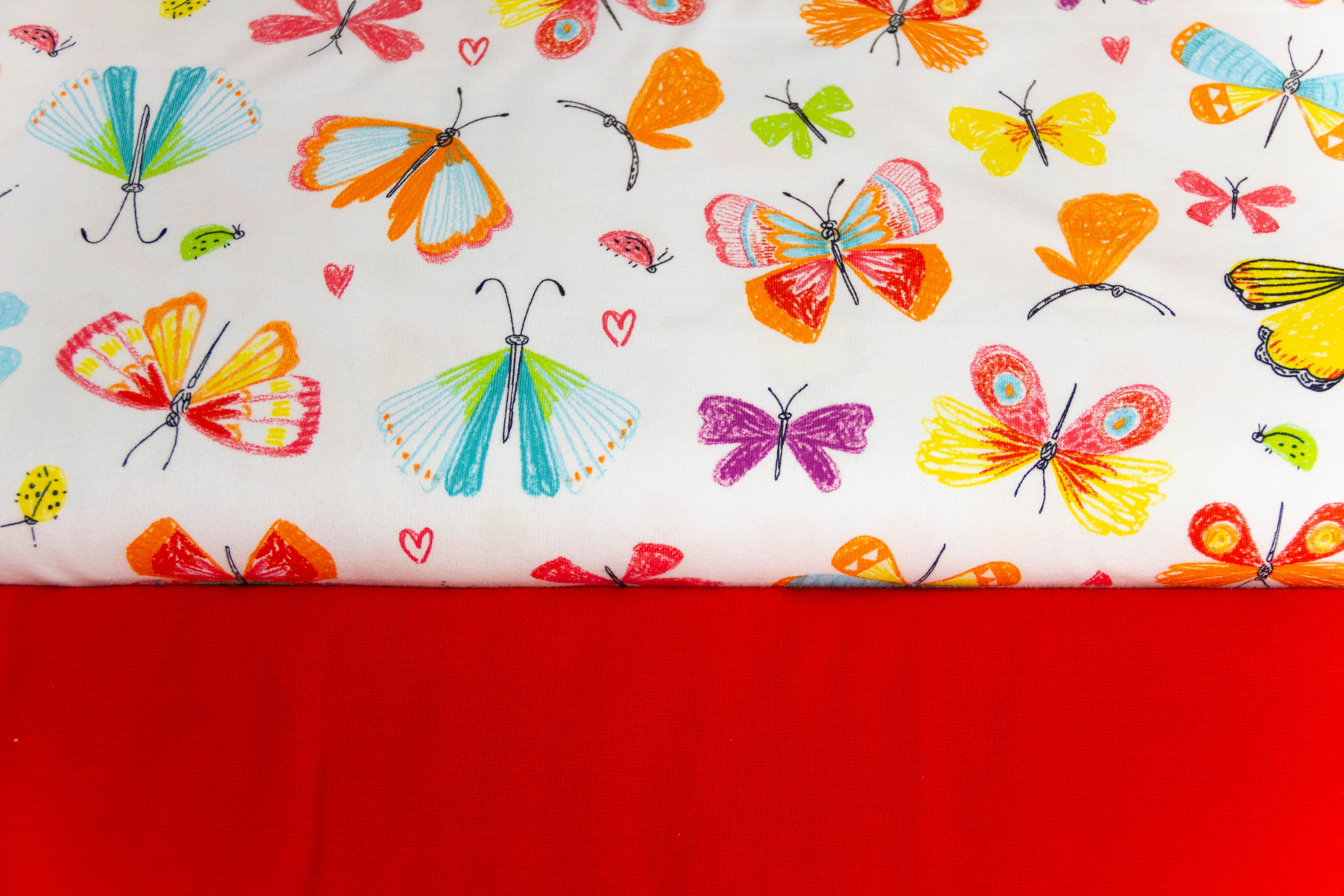 Stoffpaket Organic Jersey + Bündchen mit Schmetterlingen, weiß, rot