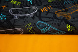 Stoffpaket Sweat + Bündchen, Skateboards, anthrazit, orange
