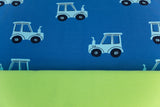 Stoffpaket Jersey + Bündchen Jersey mit Traktoren, blau, grün