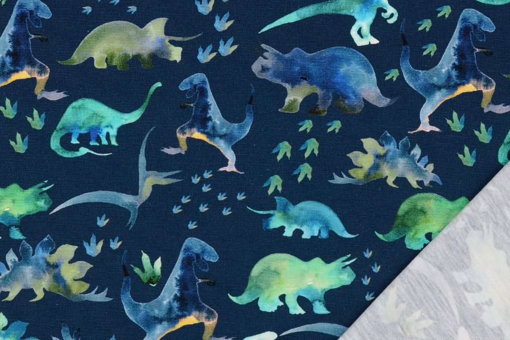 Stoffpaket Organic Jersey + Bündchen mit Dinosauriern, marine, dunkelblau