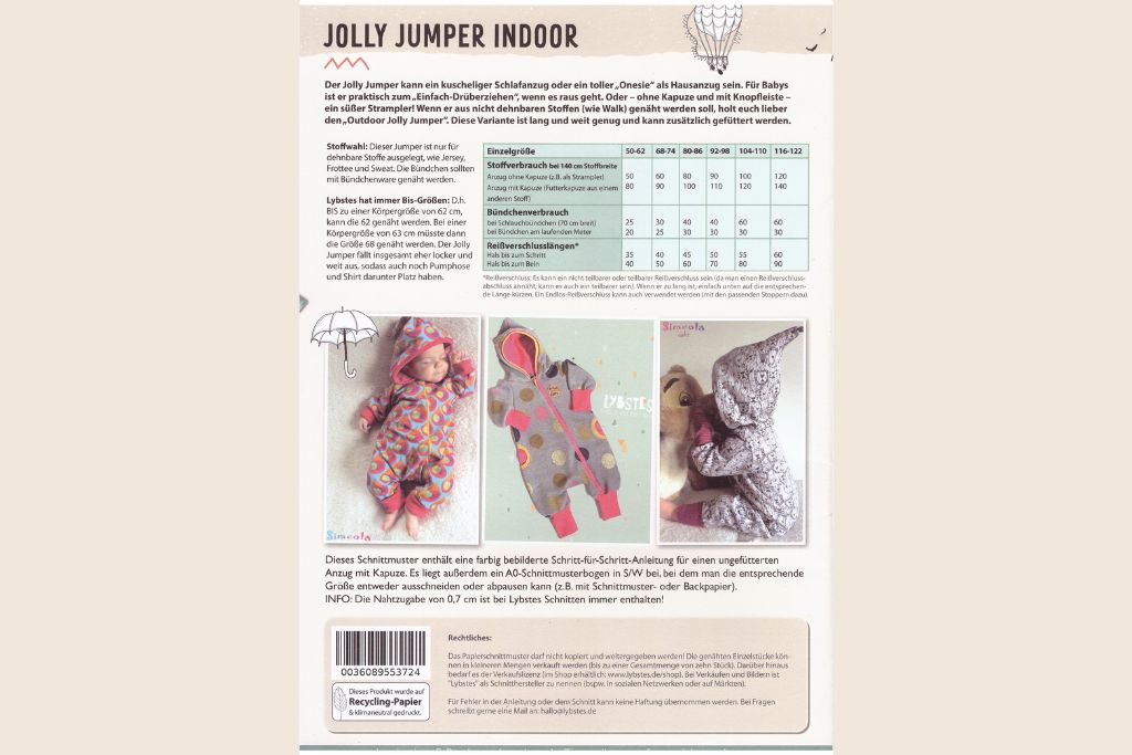 Papierschnittmuster "Jolly Jumper Indoor" von Lybstes (Gr. 50-122)