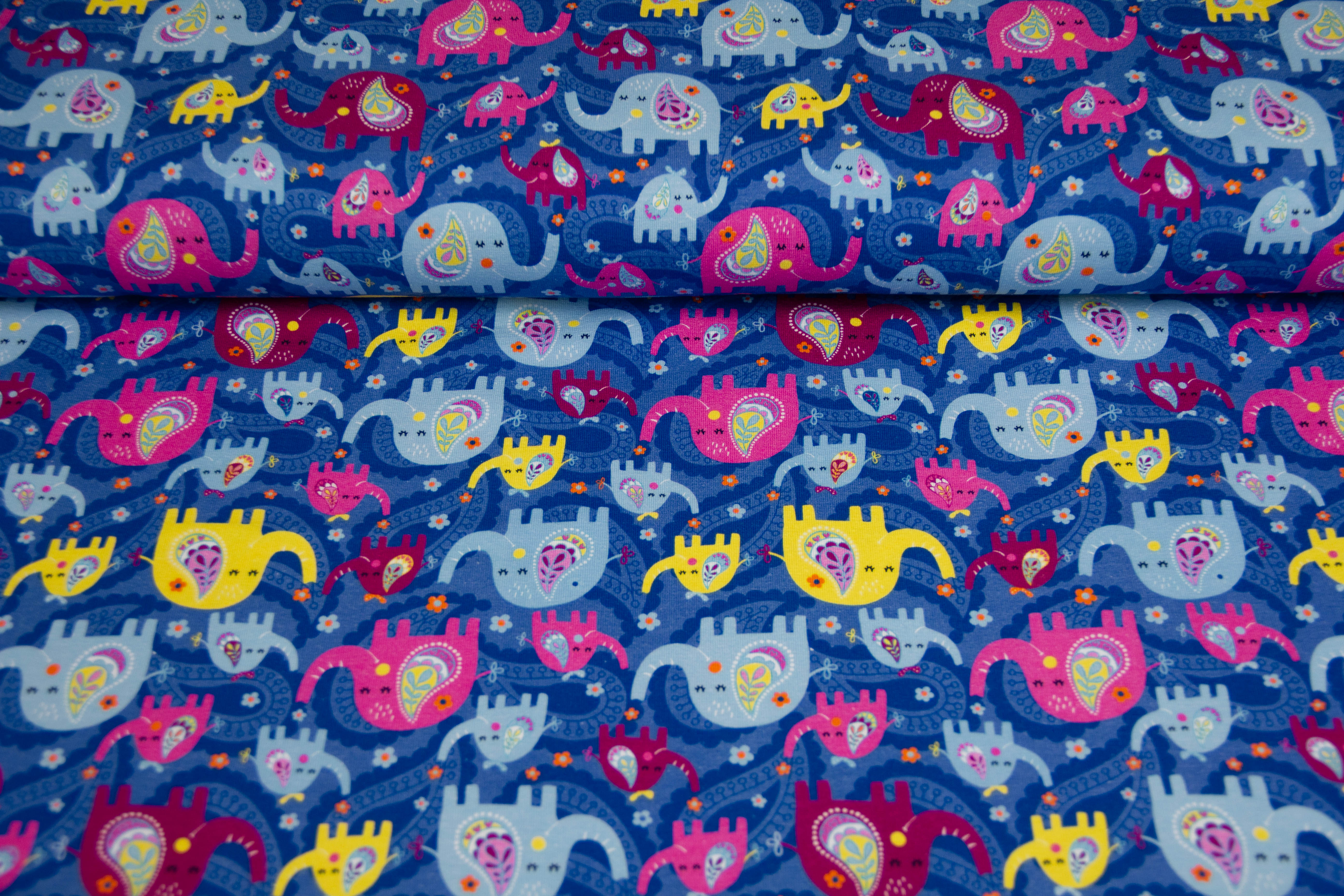 Stoffpaket Jersey + Bündchen, Elefanten, blau, pink