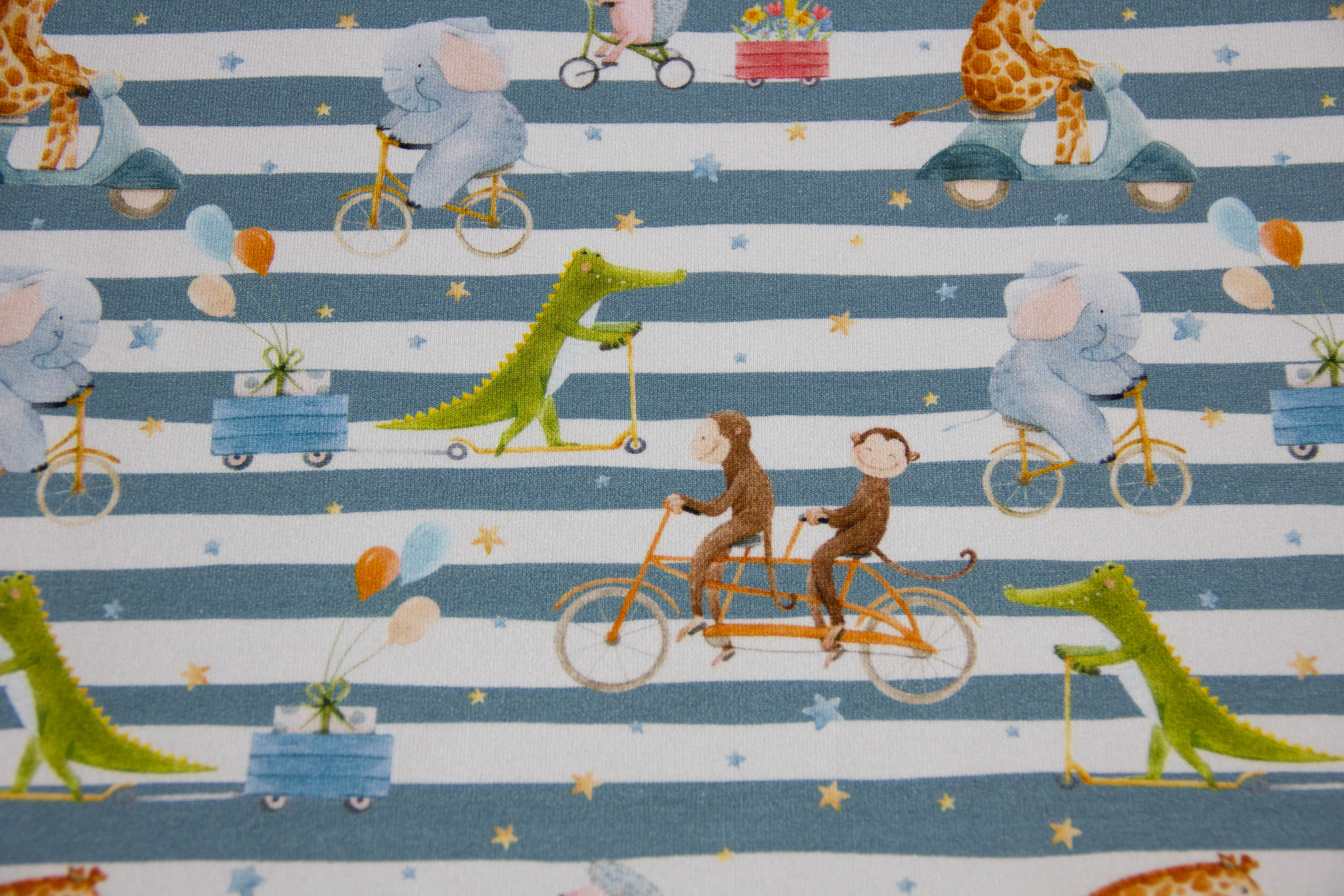 Stoffpaket French Terry + Bündchen "Zootiere auf dem Fahrrad", weiß, khaki
