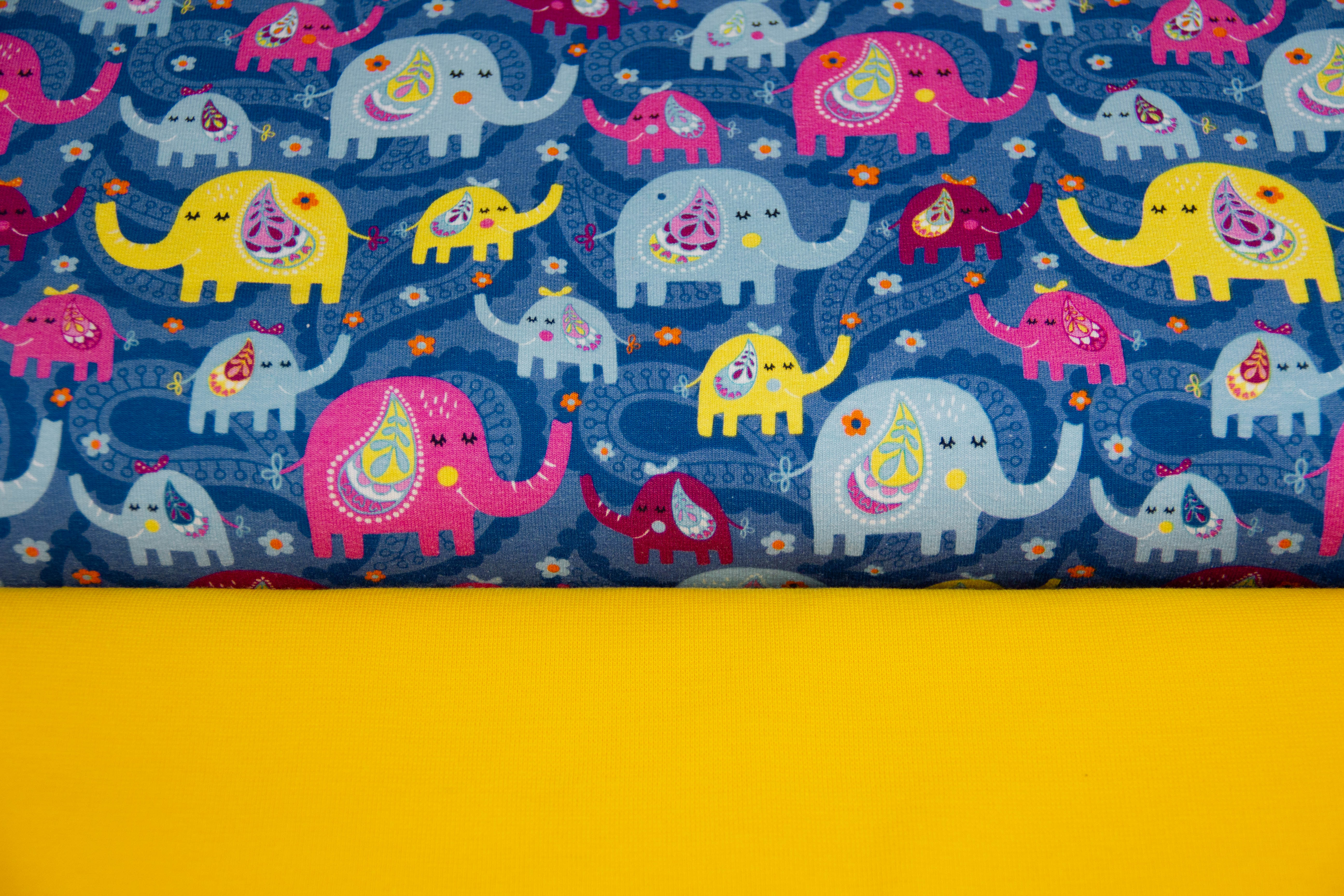 Stoffpaket Jersey mit Elefanten, blau, gelb