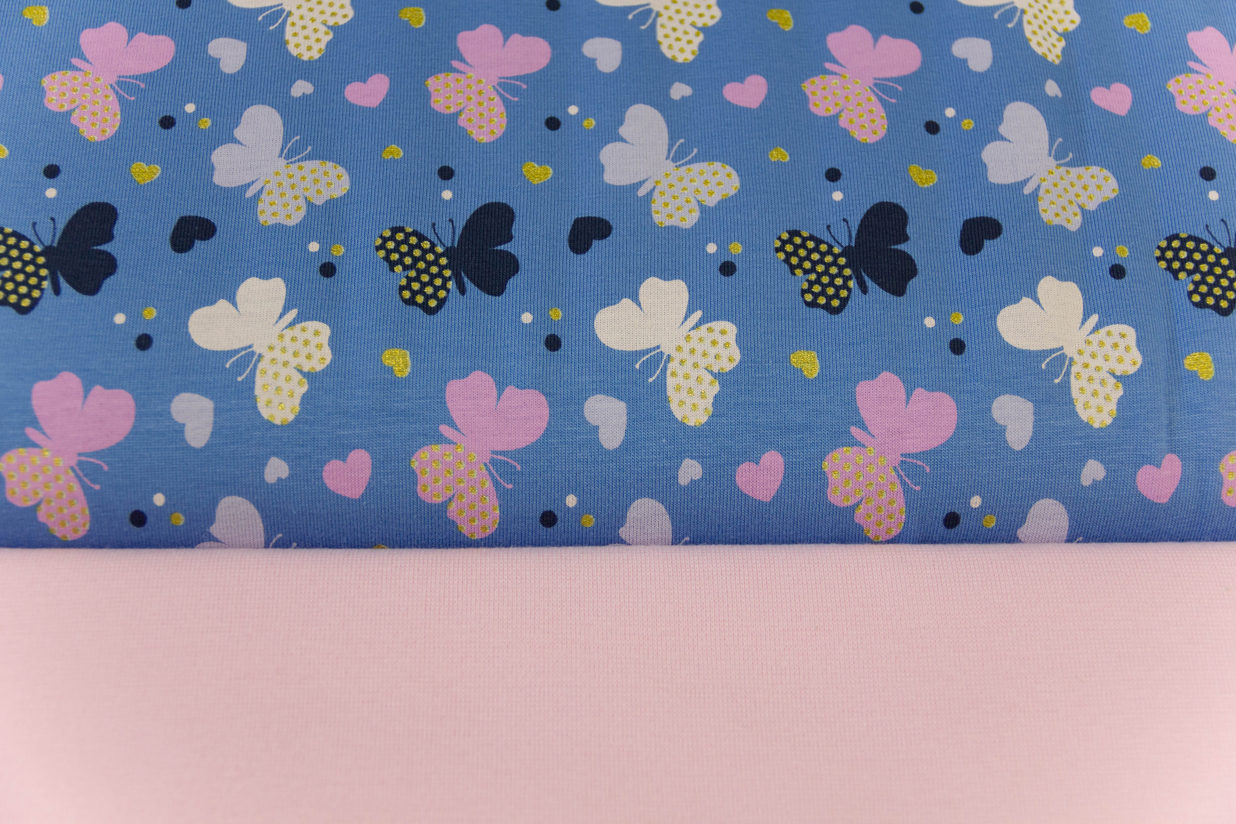 Stoffpaket Jersey + Bündchen mit Schmetterlingen, blau, rosa