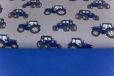 Stoffpaket French Terry + Bündchen, Traktor, grau, blau