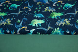 Stoffpaket Organic Jersey + Bündchen mit Dinosauriern, marine, smaragd