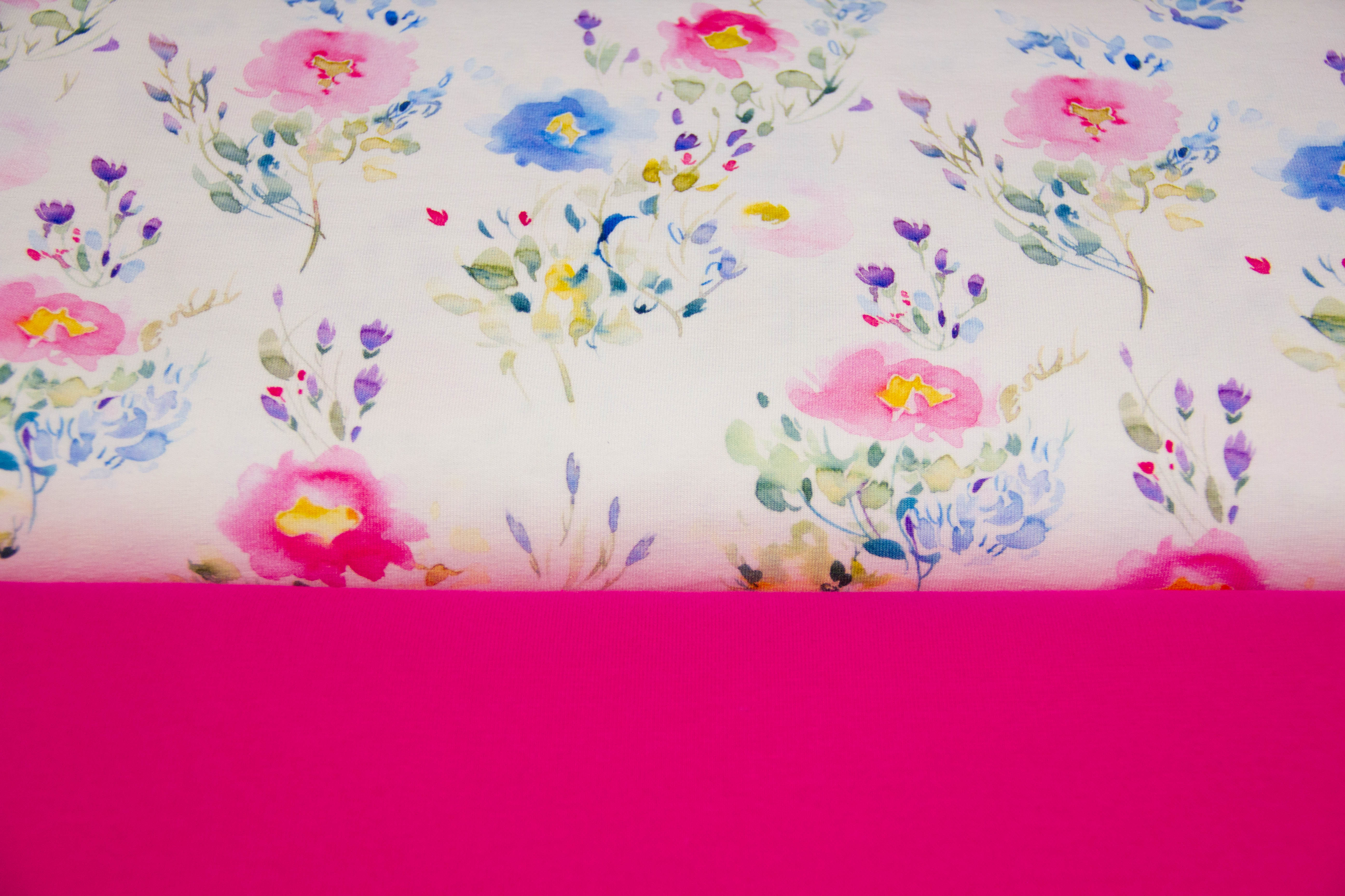 Stoffpaket Jersey + Bündchen mit Aquarell Blumen, pink
